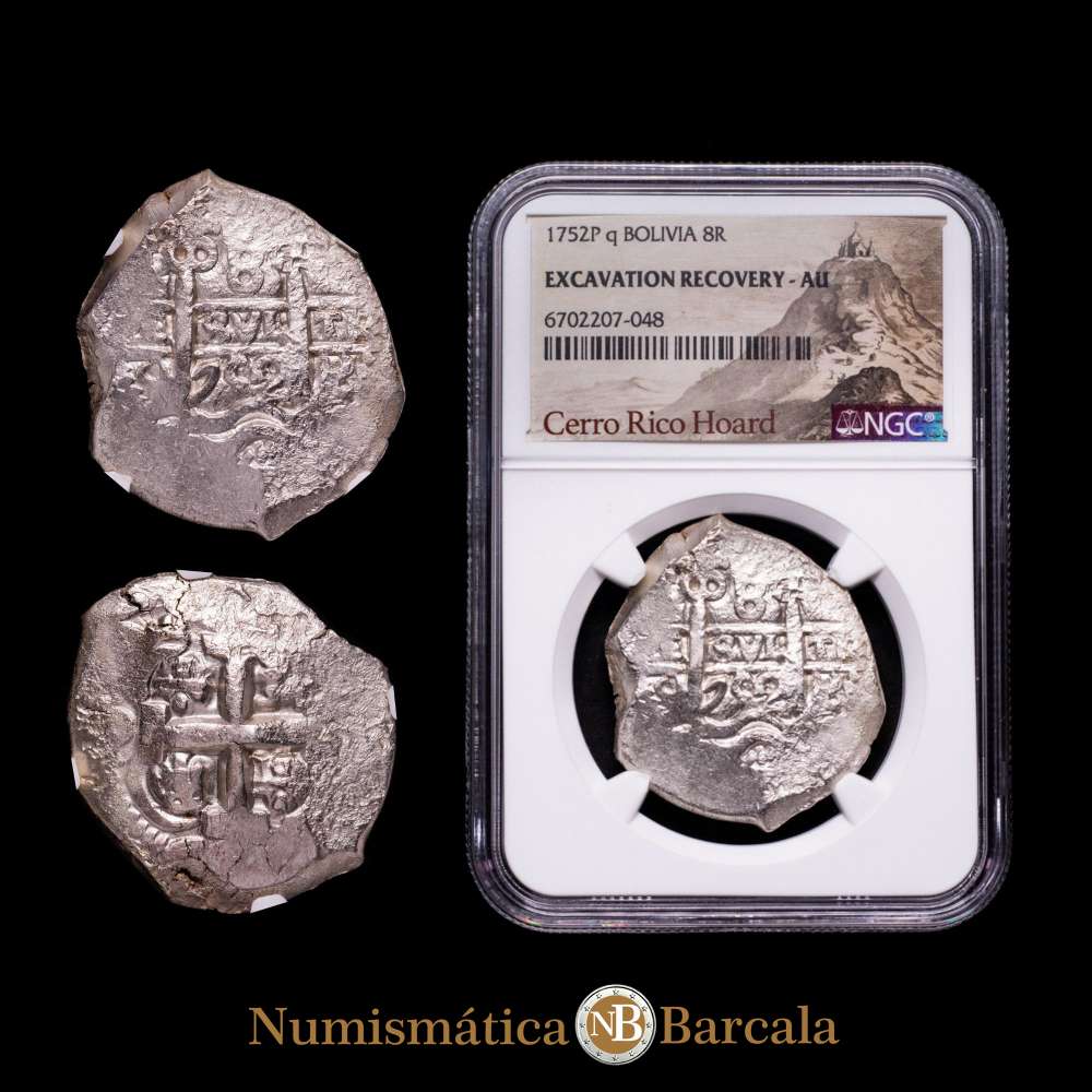 Fernando VI (1746-1759). 8 reales. 1752. Potosí. q. (Cal-522). Ag. Encapsulada por NGC como Excavation Recovery AU. Etiqueta especial “Acaparamiento de Cerro Rico”.