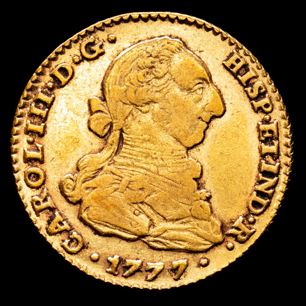 CARLOS III. 2 escudos. 1777/6. Sevilla. CF. UA 6,71 g. 22,3 mm. VI-1420; AC-1731. R.B.O. MBC. Escasa.
