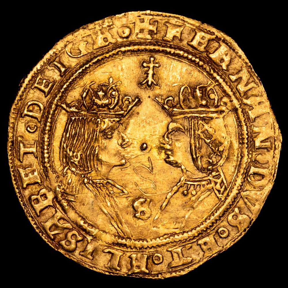 Reyes Católicos (1474-1504). Doble excelente. Sevilla. (Cal-79). Punto y S entre los bustos, encima armiño. Escudo sin marcas. Au. 6,92 g. Atractiva. Escasa. EBC.