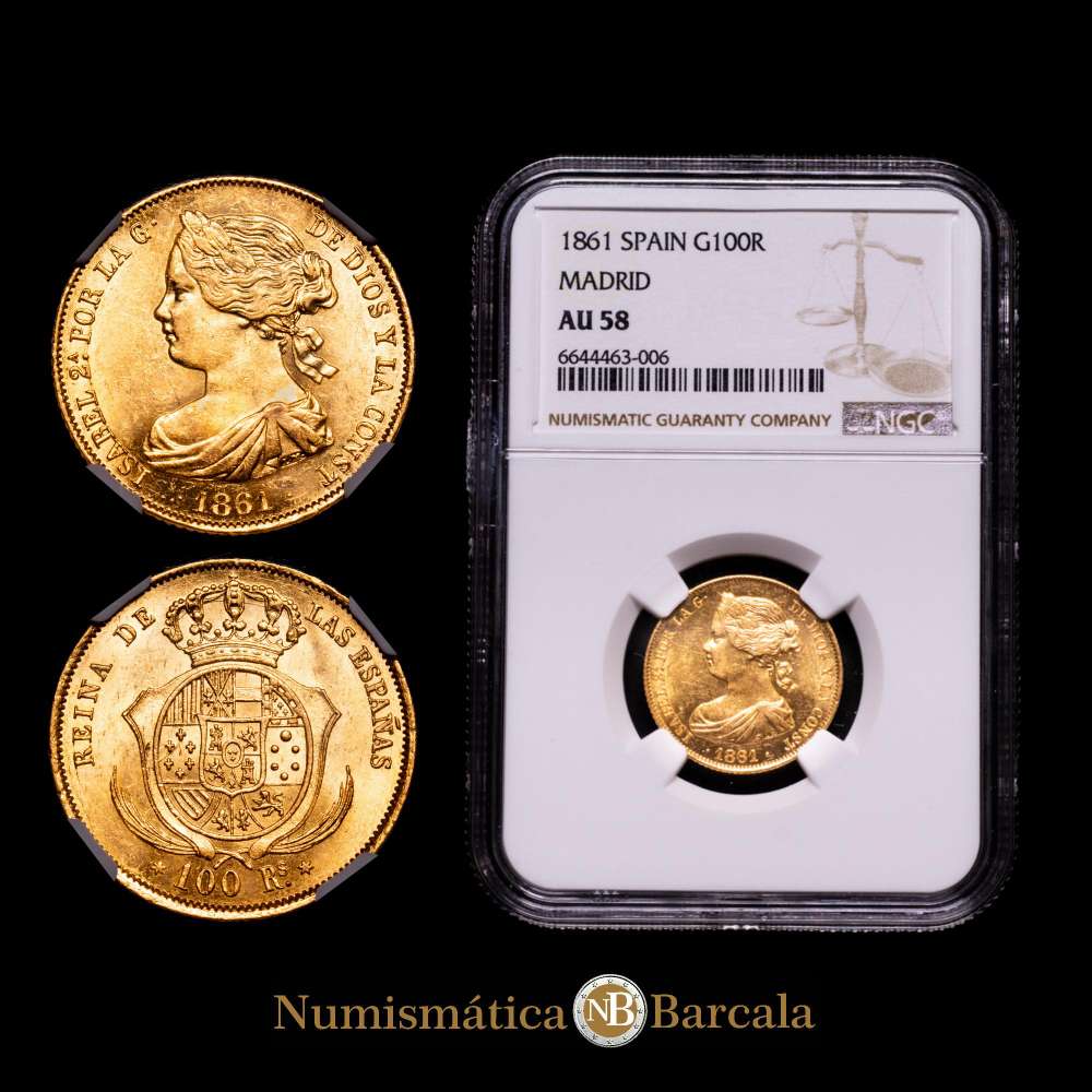 Isabel II. 100 Reales. (8,40 g.). Madrid. 1861. AC-788. Encapsulada por NGC como AU58. Brillo original.