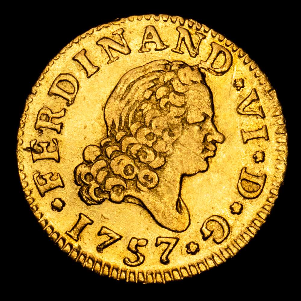 Fernando VI (1746-1759). 1/2 escudo. 1757. Madrid. JB. (Cal-561). Au. 1,75 gramos. Cuarto busto. MBC+.