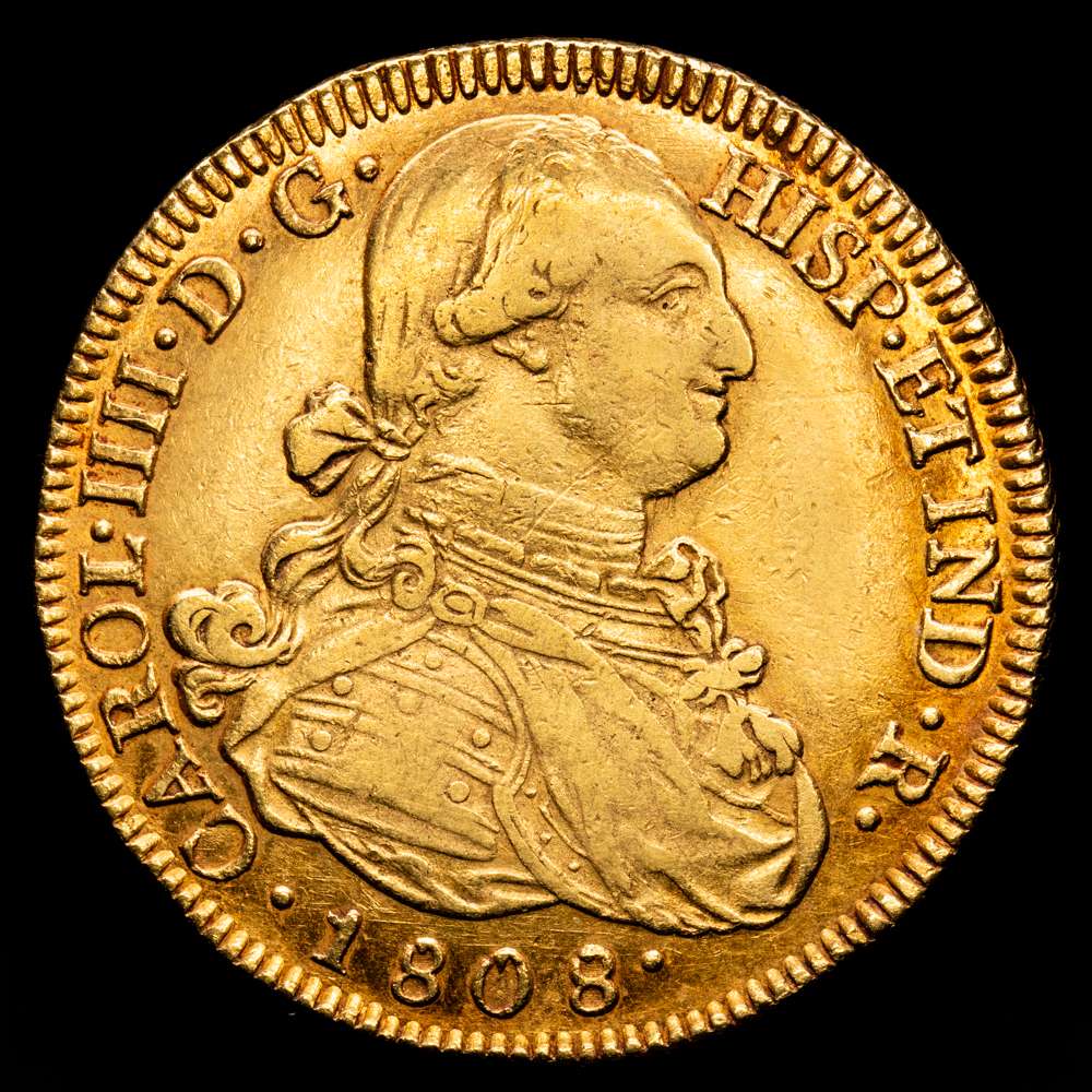 Carlos IV (1788-1808). 8 escudos. 1808. Popayán. JF. (Cal-1690). (Cal onza-1075). (Restrepo-98-38). Au. 26,96 gramos. MBC+.