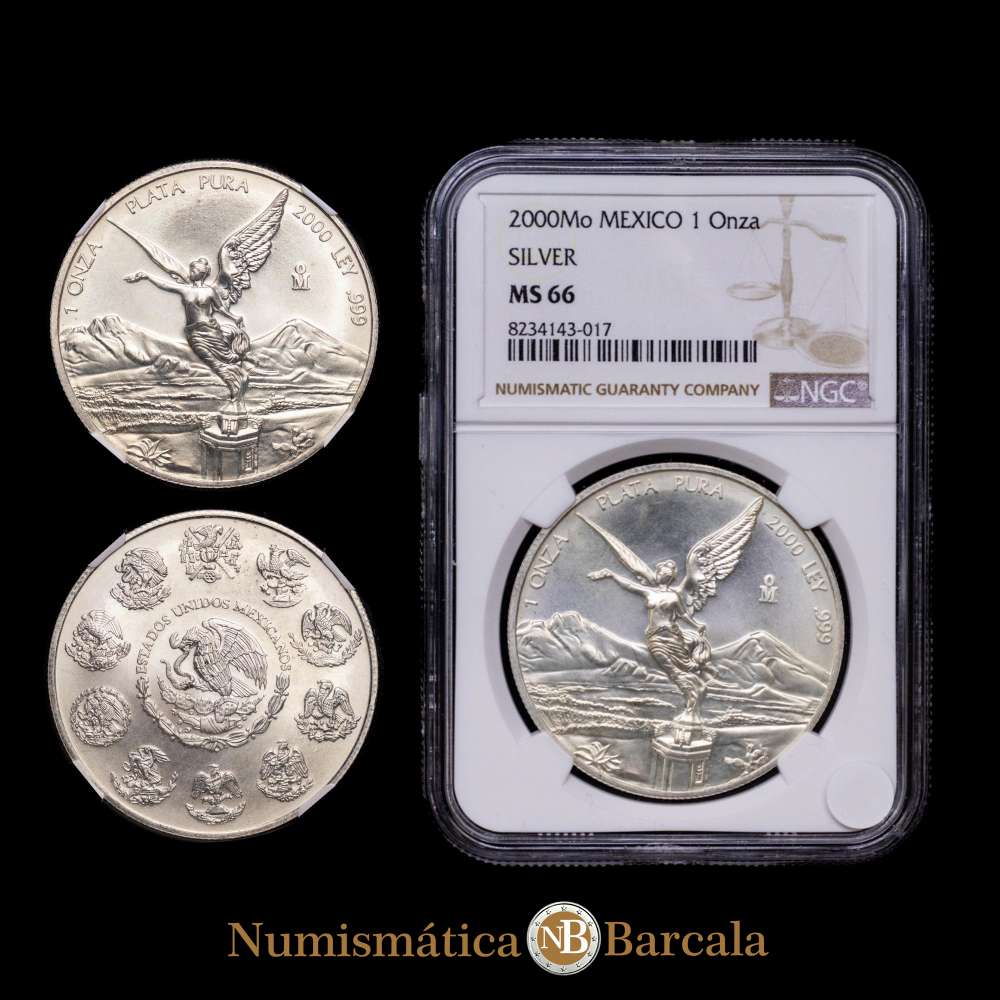 México. 1 onza. 2000. Ciudad de México. (Km-639). Ag. 31,1 gramos. Acabado satinado. Encapsulada por NGC como MS 66.