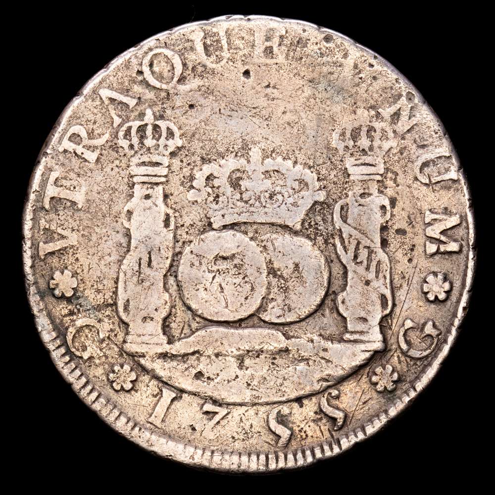 Fernando VI. 4 Reales. (13,02 g.). Guatemala. 1755. Ensayador J. Aureo y Calico – 355. BC+. Rara. Oxidaciones
