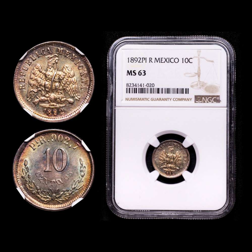 República Mexicana ,10 Centavos, 1892, Pi-R , Casa de Moneda de San Luis Potosí, KM403.9. Encapsulada por NGC como MS63. Escasa así.