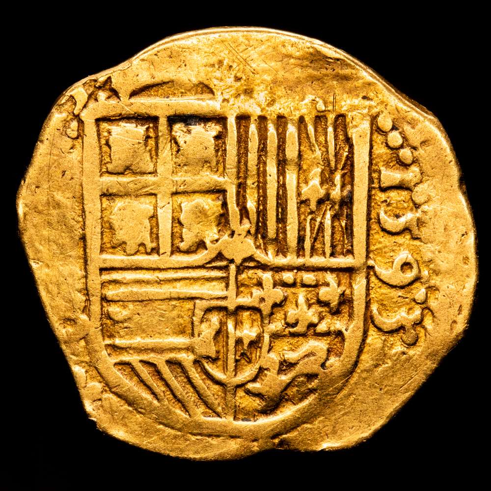 Felipe II. 2 Escudos. (6,5 g.). Sevilla. 1595. B. AC-852. MBC+. Fecha perfecta. Rara.