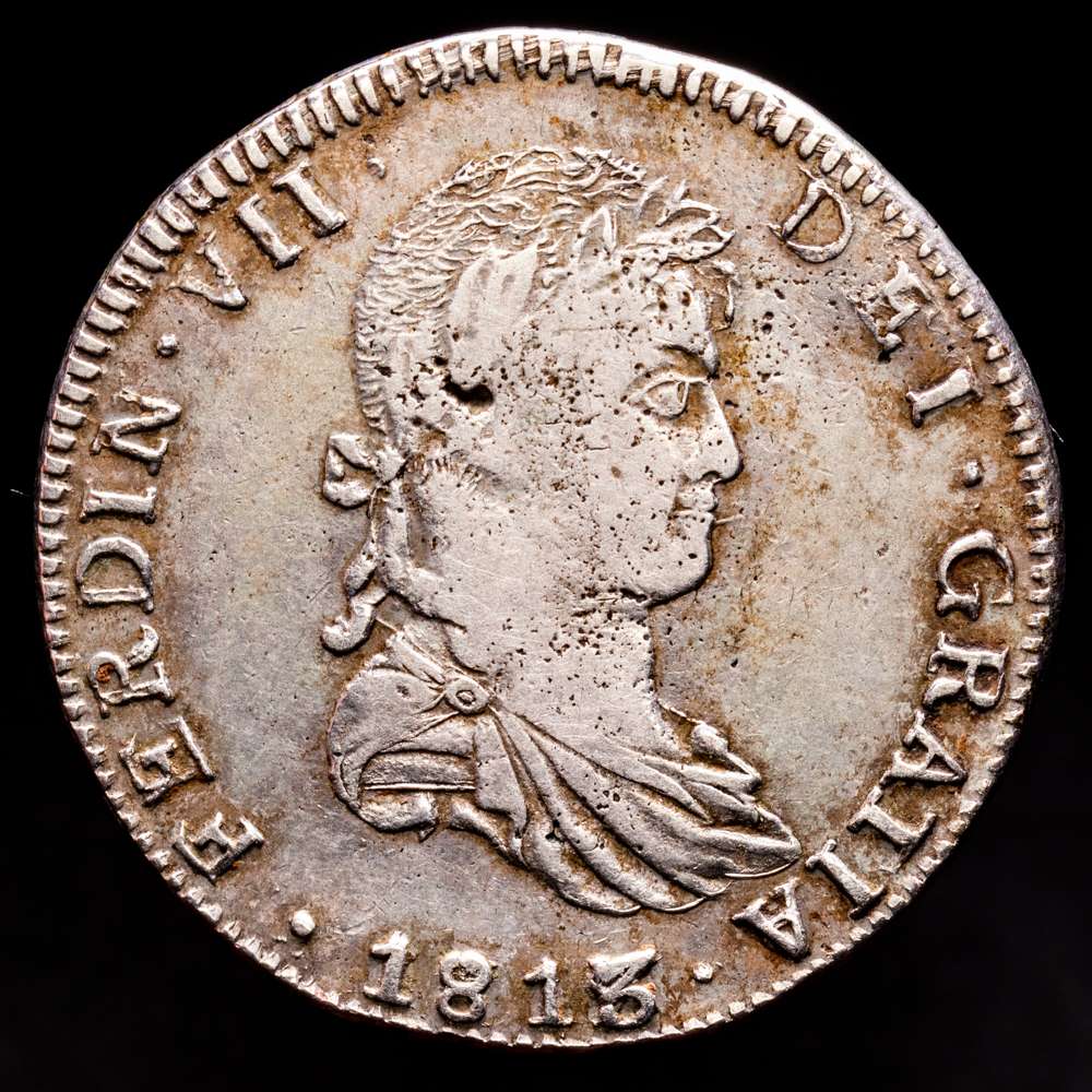 GUERRA DE INDEPENDENCIA. Fernando VII. 8 Reales 1813/2 Guadalajara, Ga. MR. – (26,52gr). KM-111.3 (AC-1204) – XF. Escasa.