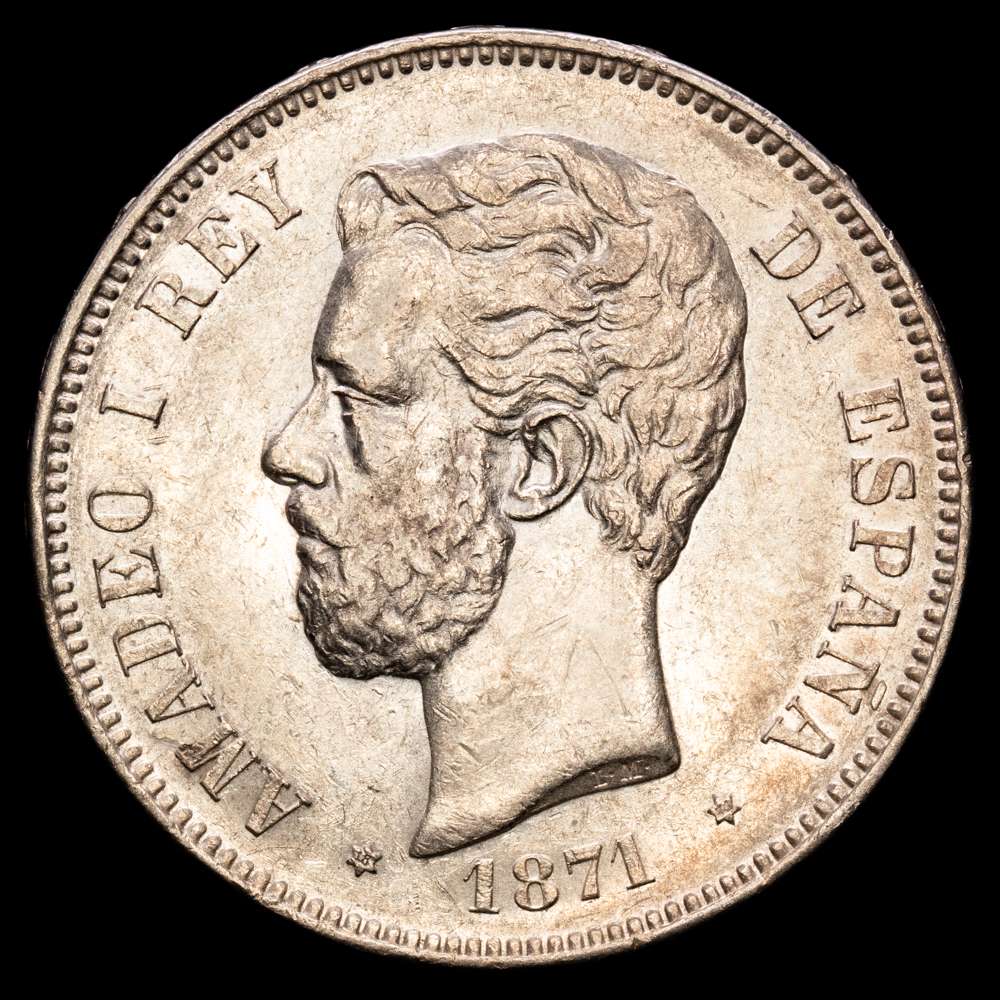 Amadeo I. 5 Pesetas. (24,88g.). Madrid. 1871. *18-71*. Ensayador SD-M. AC-1. EBC-. Restos de brillo original.
