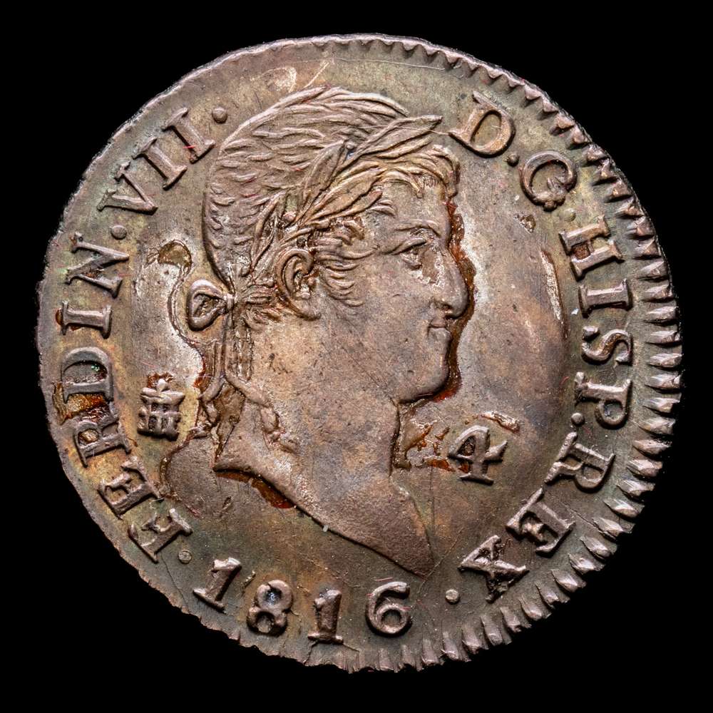 Fernando VII. Segovia. 4 maravedís. 1816. (Cal-171). Ae. 5,72 gramos. Resto de barniz. SC-.  Muy buen ejemplar. Rara en esta conservación.