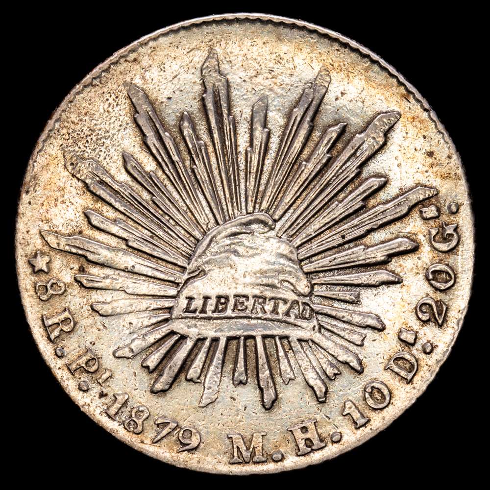 México. 8 reales. 1879. San Luis de Potosí. MH. (Km-377,12). Ag. 26,94 gramos. MBC+. Tono.