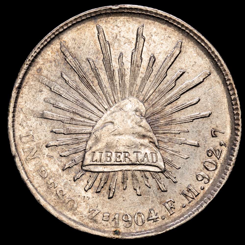 México. 1 Peso. 1904. Zacatecas. FM. (Km-409,3). Ag. 26,93 gramos. EBC. Tono.