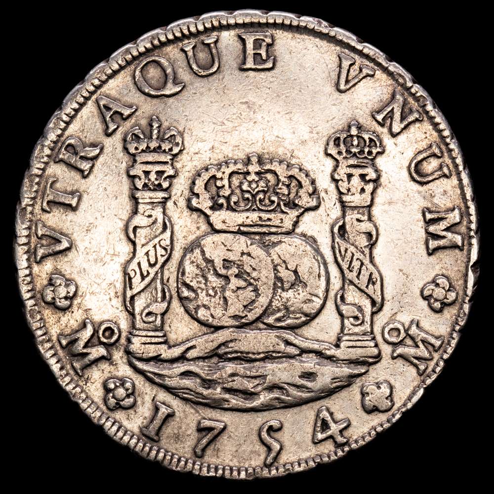 Fernando VI. 8 Reales. (27,01 g.). México. 1754. M·F. Variedad de anverso con iniciales de ensayador MF y reverso con coronas distintas o de tipo “imperial” sobre la columna izquierda. MBC+.