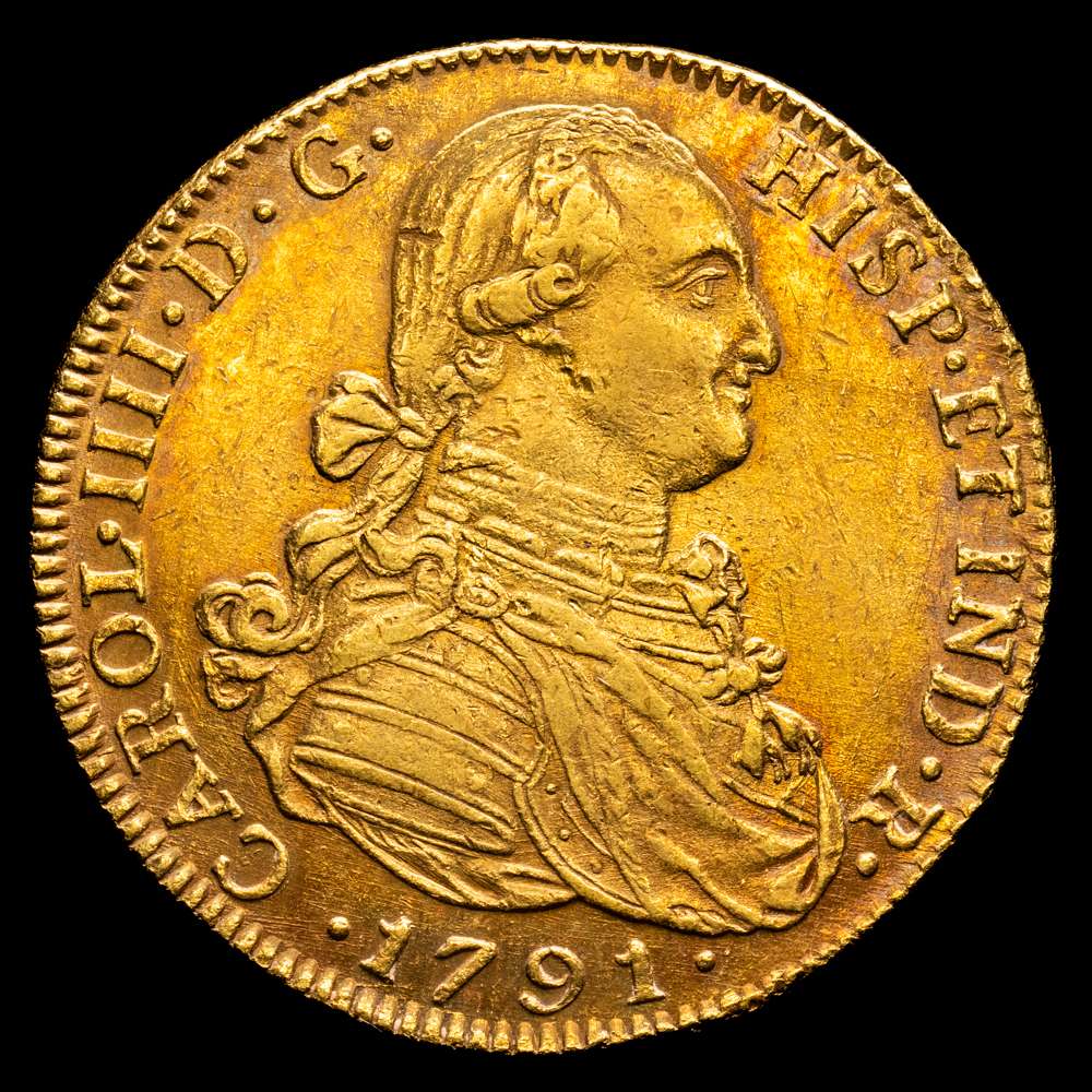Carlos IV. 1791. Santa Fe de Nuevo Reino. J.J. 8 escudos. (AC. 1719) (Cal.Onza 11118). Primer año de busto propio. Punto delante de AUSPICE. 27,06 gramos. MBC+/EBC-. Precioso color.