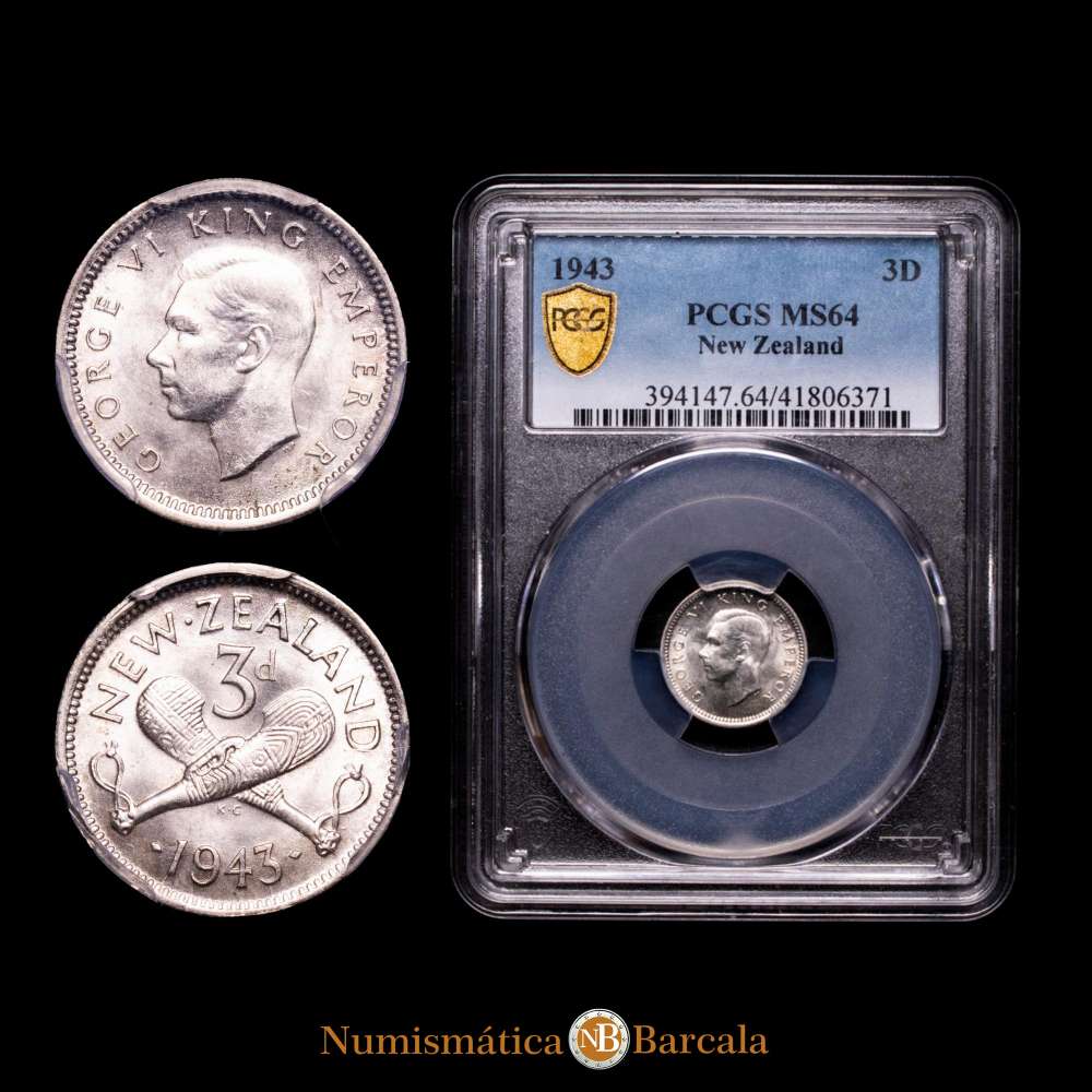 Nueva Zelanda – George VI. 3 D.  New Zealand. 1943. Encapsulda po PCGS como MS64.