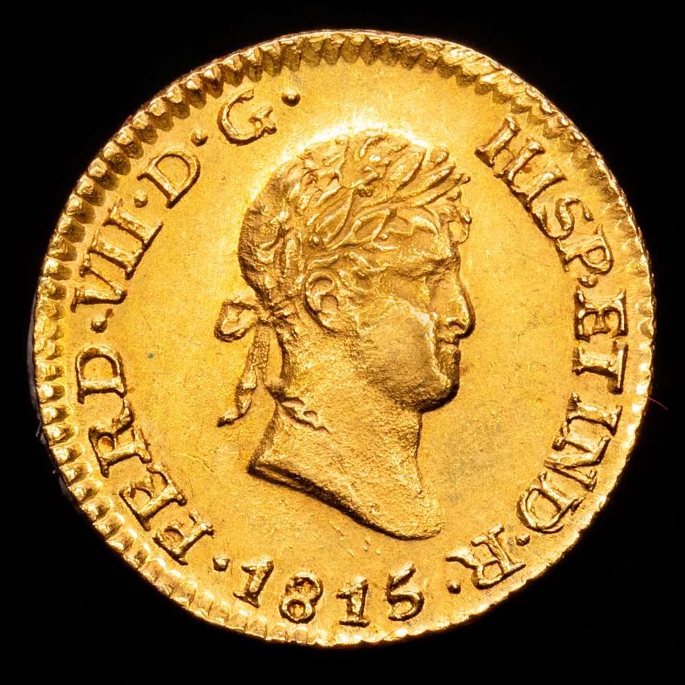 Fernando VII (1808-1833). 1/2 escudo. 1815/4. México. J.J. (Cal-1489). Au. 1,70 gramos. Sobrefecha. Gran parte de brillo originales. Rara en esta conservación. EBC+.