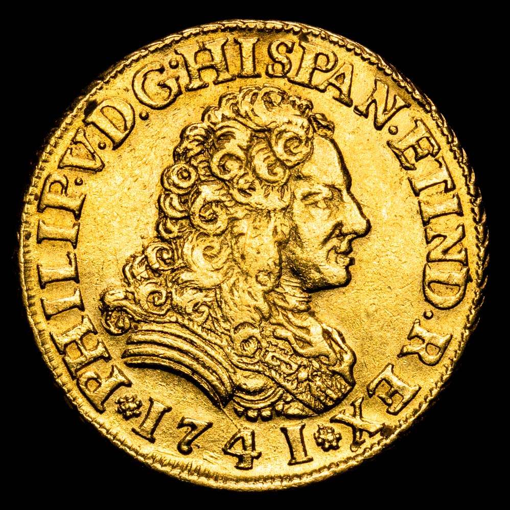 Felipe V (1700-1746). 2 escudos. 1741. Sevilla. PJ. (Cal-1994). Au. 6,73 gramos. Sin indicación de valor. Rara. MBC+.