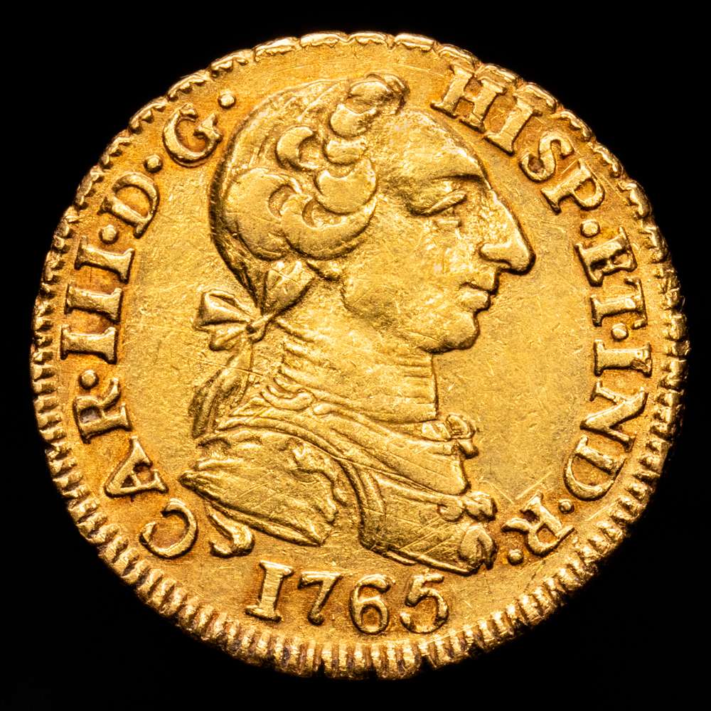 Carlos III. 1 Escudo. (3,33 g.). México. 1765. Ensayador MF. Aureo y Calicó-1380. EBC-. Restos de brillo original. Muy rara.