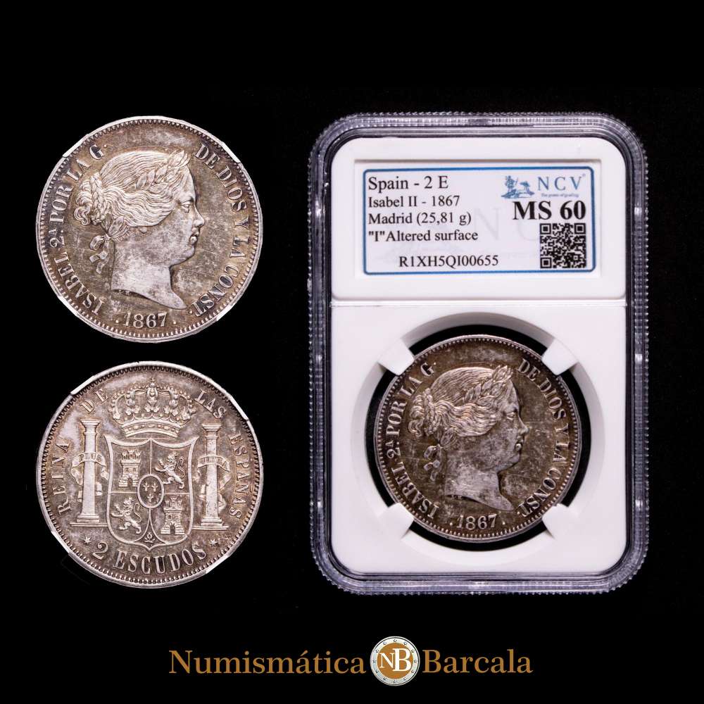 1867. Isabel II. Madrid. 2 escudos. (AC. 647). 25,81 g. Parte de brillo original. Preciosa pátina. Ex Áureo & Calicó Selección 2015, nº 397. Rara así. EBC/EBC+.