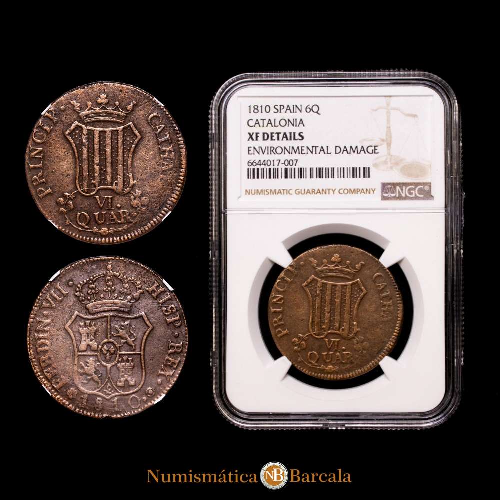 Fernando VII (1808-1833). 6 cuartos. 1810.Barcelona. (Cal-16). Ae. NGC XF Details.