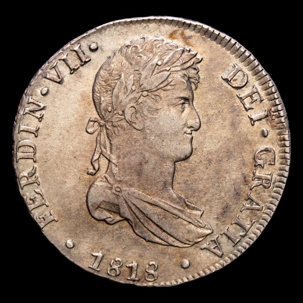 Fernando VII (1808-1833). 8 reales. 1818. Lima. J.P. (Cal-1251). Ag. 27,01 gramos. Pátina suave con tonos ligeros. Atractiva. Escasa así. EBC.