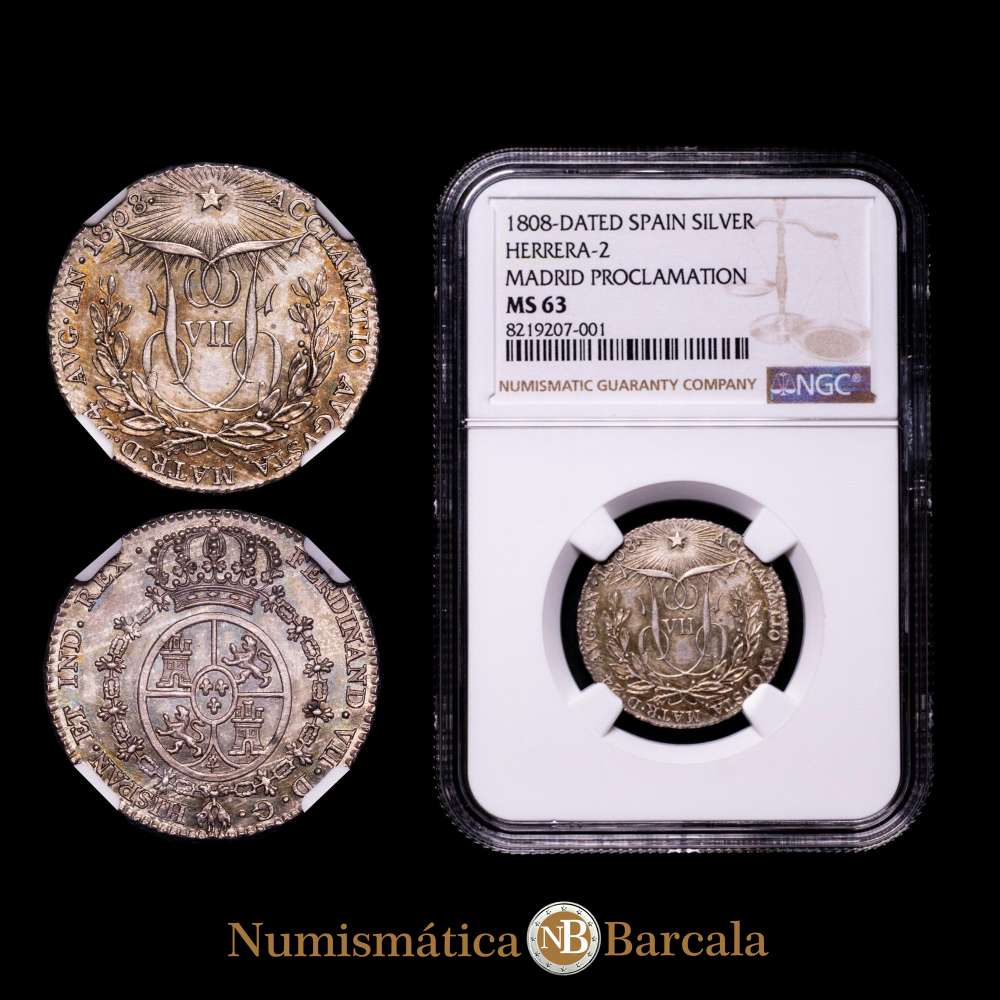 Fernando VII. Medalla de proclamación. 1808. Madrid. (Herrera-2). (Vives-200).Ag. 5,99 gramos. Módulo de 2 Reales. Pátina de monetario. Magnífico ejemplar. Encapsulada por NGC como MS 63.