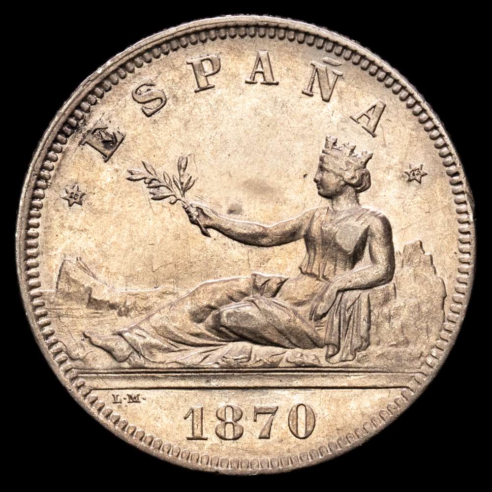Gobierno Provisional (1868-1871). 2 pesetas. 1870*18-73. Madrid. DEM. (Cal-28). Ag. 10,01 g. Restos de brillo original. EBC.