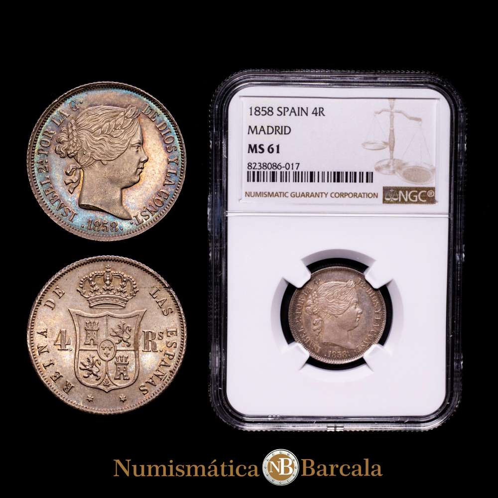 1858. Isabel II. Madrid. 4 reales. (AC.464). 5,16 gramos. Muy bella. Brillo original. Escasa así. Encapsulada por NGC como MS61.