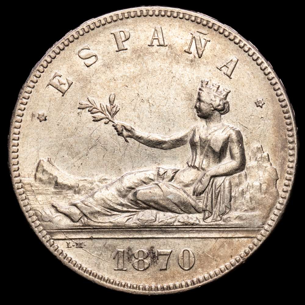 Centenario de la Peseta (1868-1931). Gobierno Provisional (1868-1871). 5 pesetas. 1870*18-70. Madrid. SNM. (Cal-39). Ag. 24,86 gramos. MBC+.