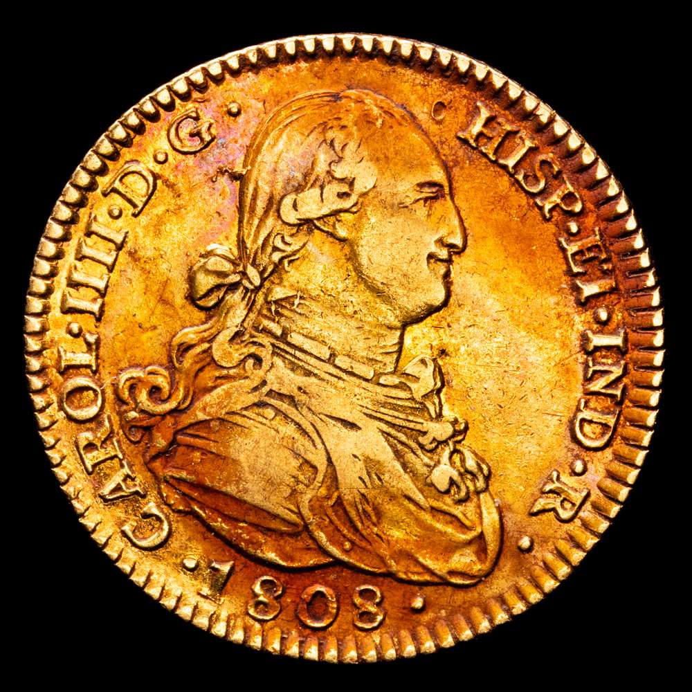 Carlos IV. 2 Escudos. (6,76 g.). Madrid. 1808. AC-1320. MBC+/EBC-. Bello  color
