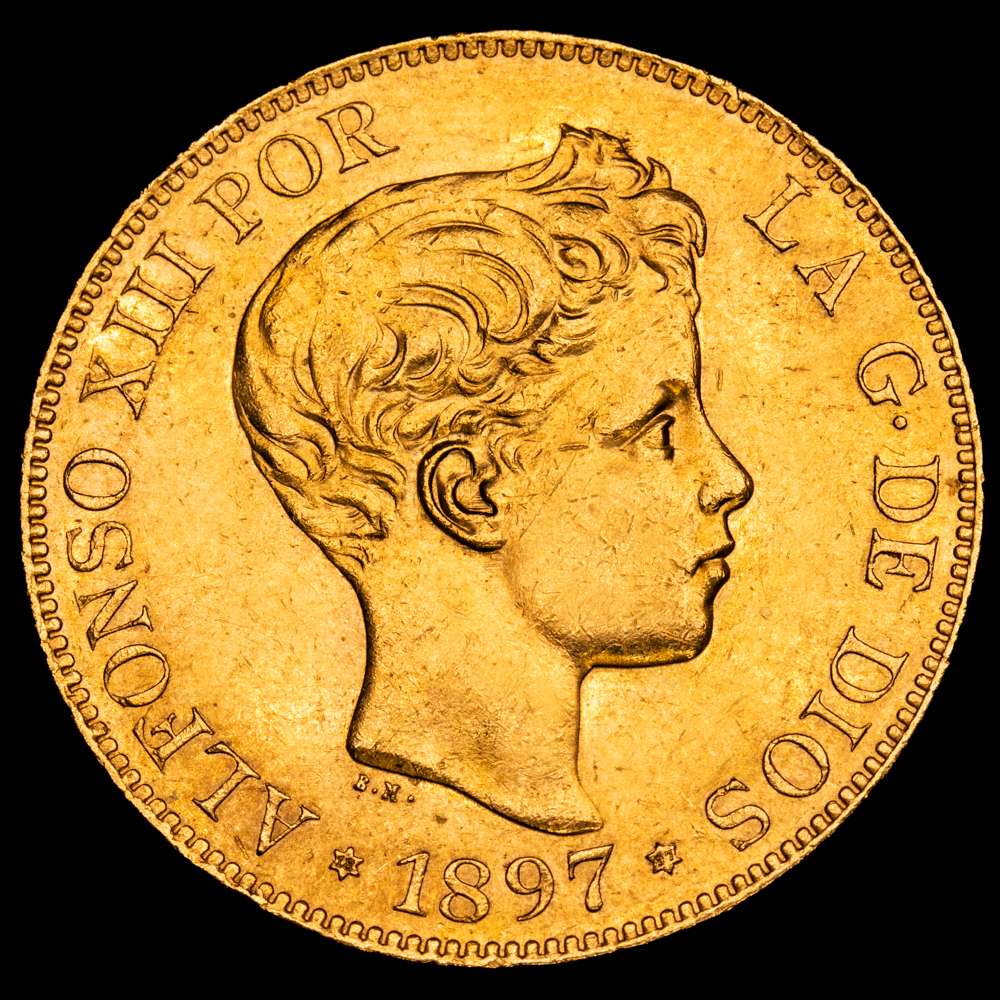 Centenario de la Peseta (1868-1931). Alfonso XIII. 100 pesetas. 1897*18-97. Madrid. SGV. (Cal-119). Au. 32,25 gramos. Brillo original. EBC+. Variante fondo del pabellón de la oreja rayado.
