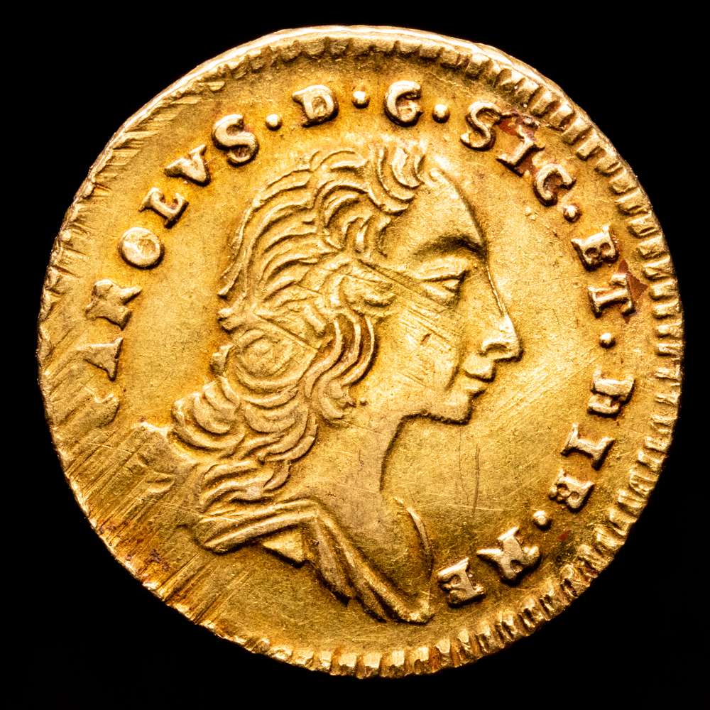 Palermo, Carlo di Borbone (1734-1759), Oncia d’oro 1754-PN, Au 22 mm 4,39 g, GIG-29. VF+.