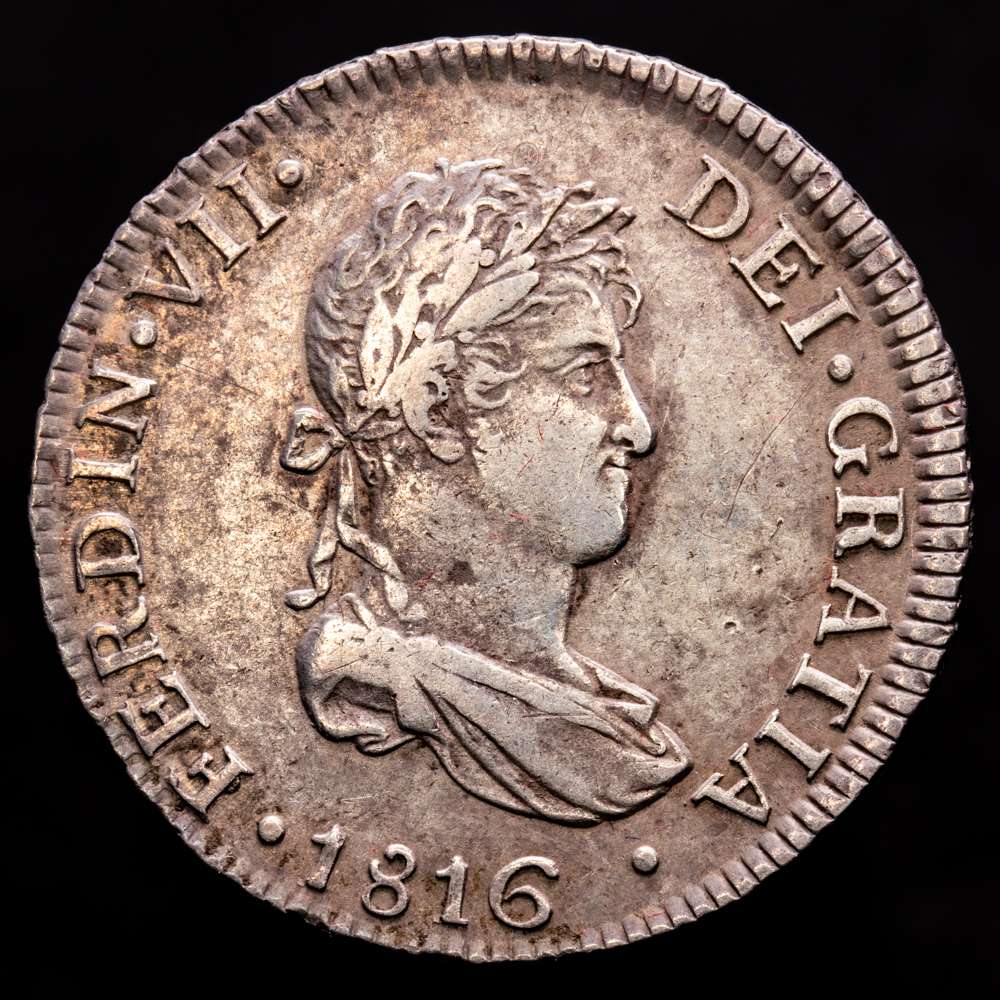 Fernando VII (1808-1833). 2 reales. 1816. Lima. JP. (Cal-816). Plata 6,52 g. Preciosa pátina. MBC+.