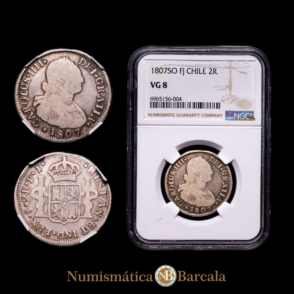 CHILE. 2 Reales, 1807-So FJ. Casa de Moneda de Santiago. Carlos IV. Encapsulado por NGC como VG-8. KM-59.