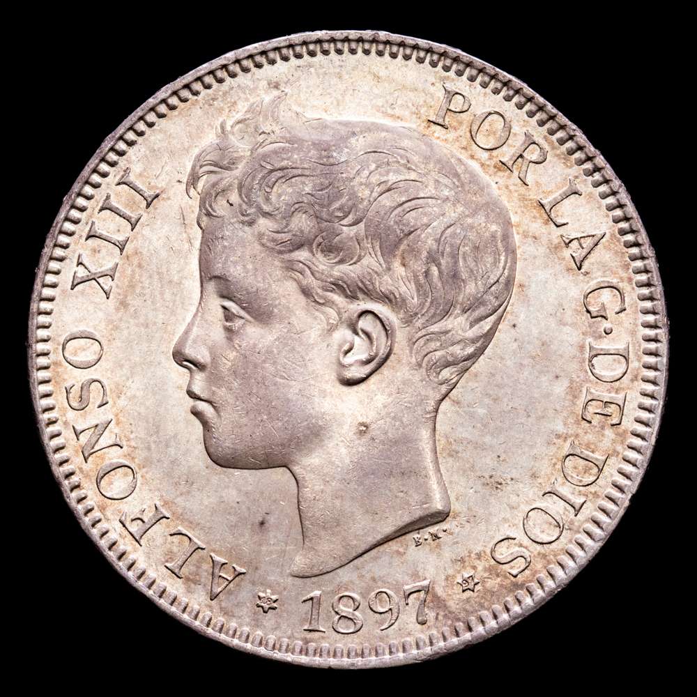 Alfonso XIII (1886-1931). 5 pesetas. 1897 *18-97. Madrid. SGV. (Cal-107). Ag. 2 5,20 gramos. Bella pátina de monetario antiguo. SC. Magnífico ejemplar.