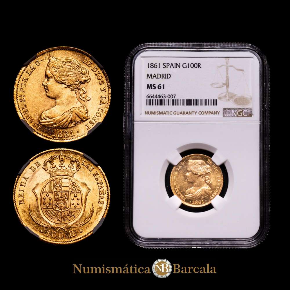 Isabel II. 100 Reales. (8,41 g.). Madrid. 1861. AC-788. Encapsulada por NGC como MS61. Brillo original.