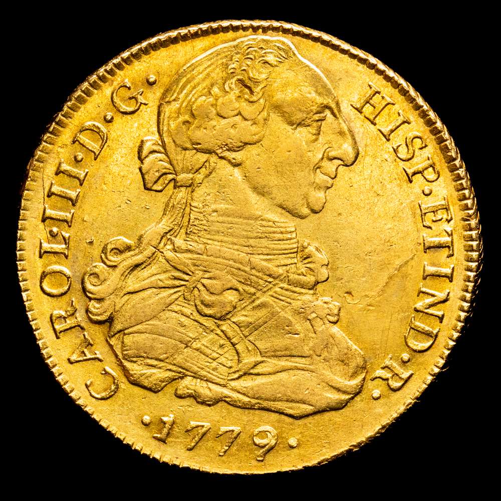 Carlos III (1759-1788). 8 escudos. 1779. Lima. MJ. AU 26,98 g. 37,2 mm. AC-1940. Rayitas de ajuste y 2 pequeñas hojas en anv. Restos de brillo originales. MBC+/EBC-.