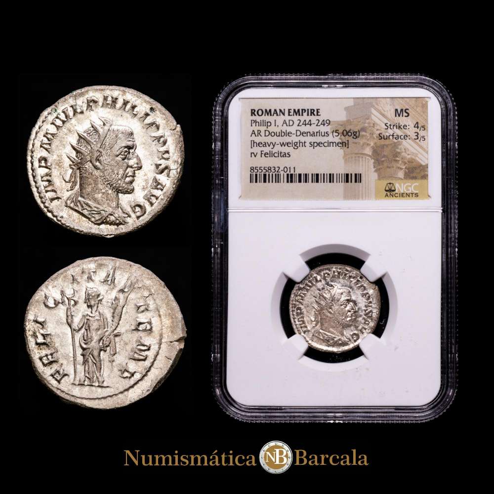 Filipo I, 244-249 a. C. Antoniniano, (plata, 22 mm, 5,06 g) Roma, 246 a. Cohen 43. RIC 31. Un ejemplar excepcionalmente pesado. Encapsuldo por NGC como MS Strike: 4/5, Surface: 3/5.