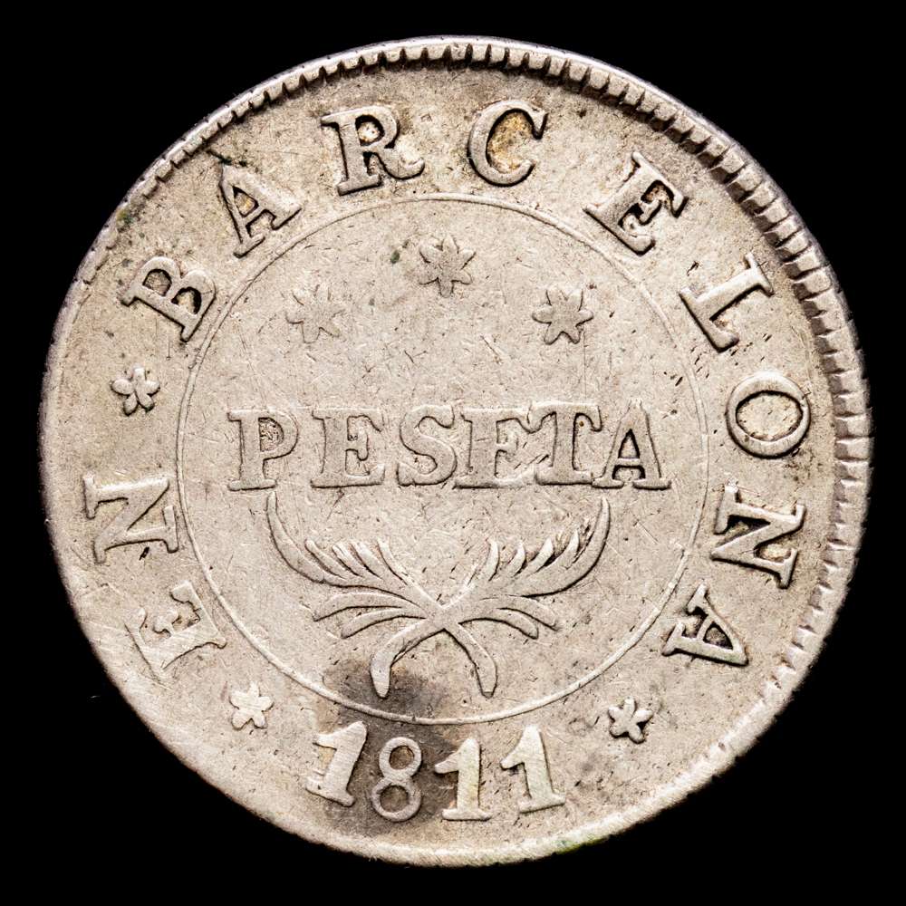 Catalunya Napoleónica. 1 Peseta. (5,57 g.). Barcelona. 1811. AC-35. MBC+. Escasa.