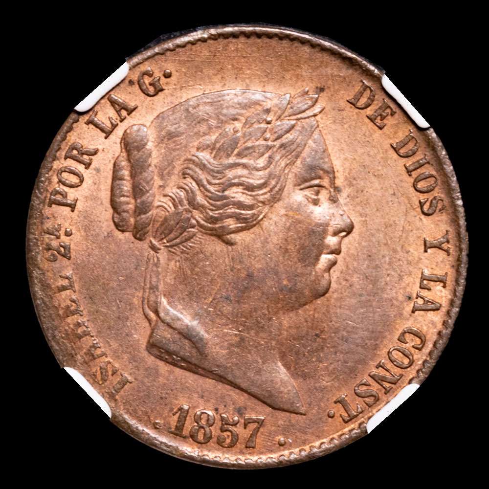 Isabel II. 25 Céntimos de real. (9,18 g.). Segovia. 1857. MS63.