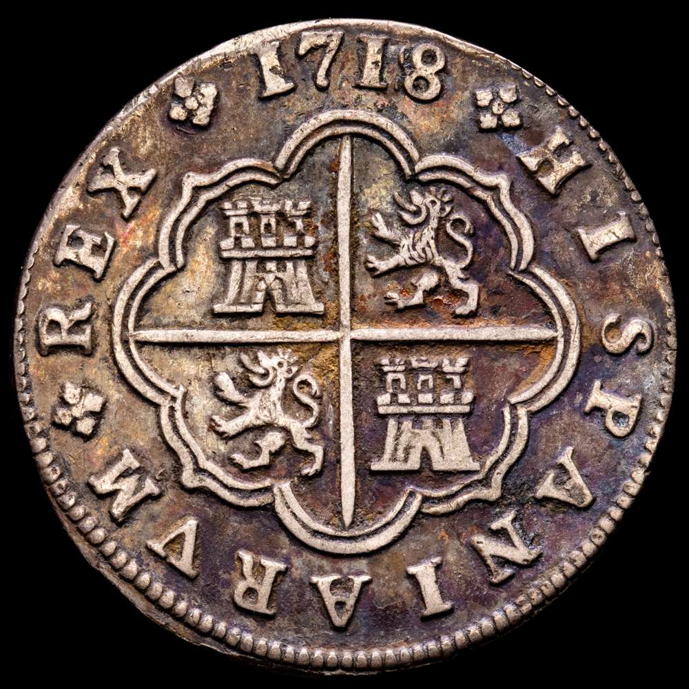 Felipe V (1700-1746). 2 reales. 1718. Segovia. J. (Cal-948). Ag. 5,48 gramos. Acueducto de dos pisos. Tono. Buen ejemplar. MBC+. Escasa.