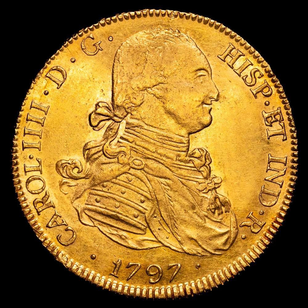Carlos IV (1788-1808). 8 escudos. 1797. Potosí. PP. (Cal-1703). (Cal onza-1096). Au. 27,05 g. Parte de brillo original. EBC.