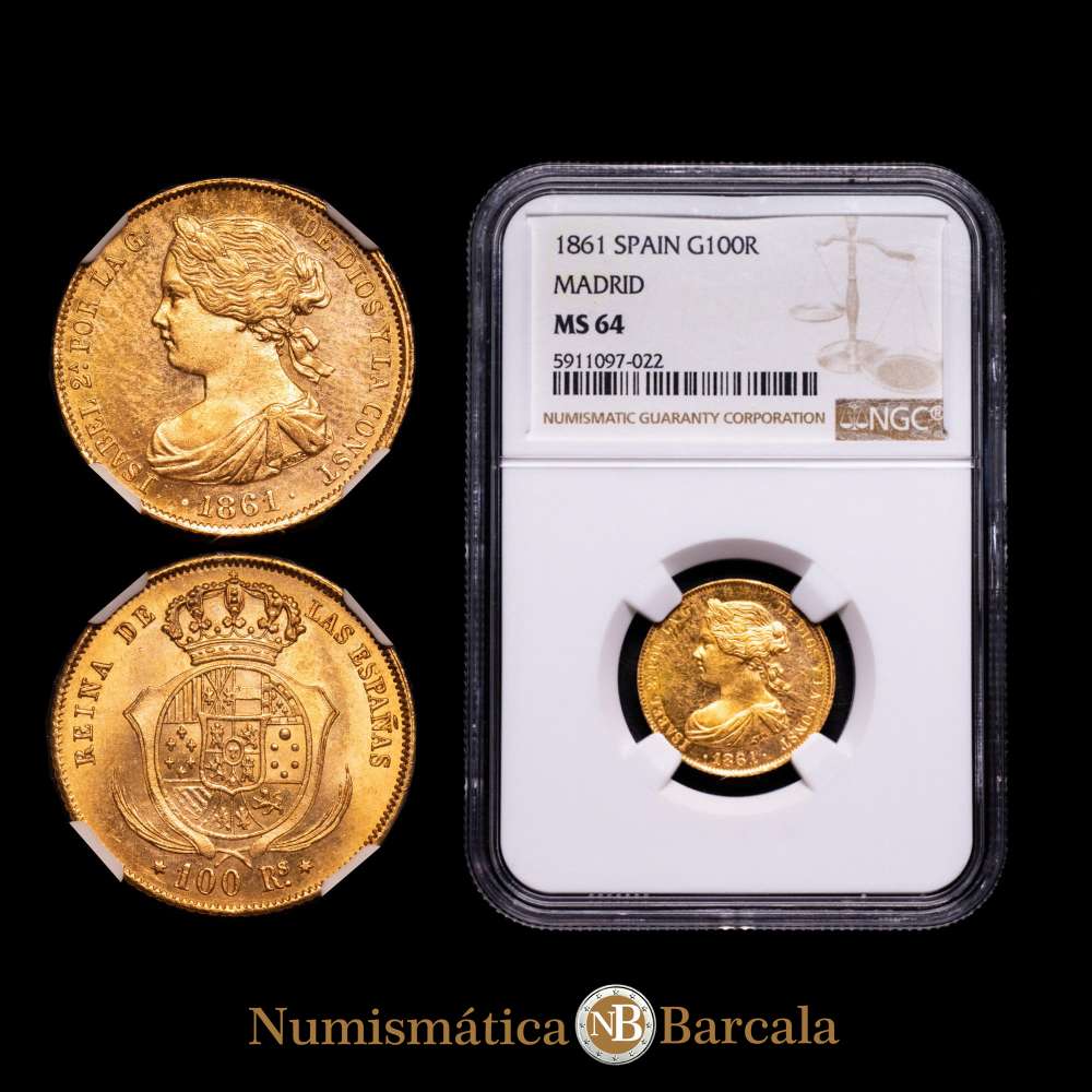 Isabel II, 100 reales, 1861, Madrid. Encapsulada por NGC como MS 64. Cal-788, KM-605.2.  Pleno brillo original, con ligero color rojo. Bellísima.