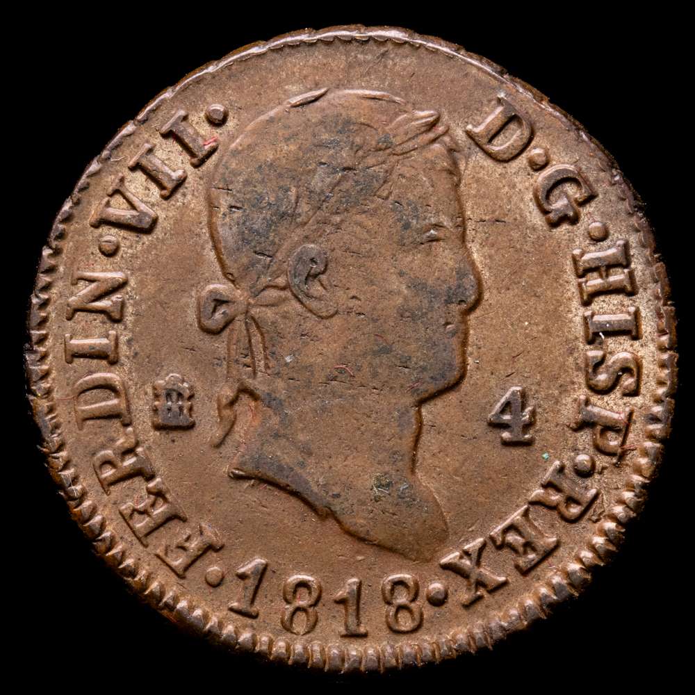 Fernando VII (1808-1833). 4 maravedís. 1818. Segovia. (Cal-211). Ae. 5,46 gramos. Escasa. MBC+.
