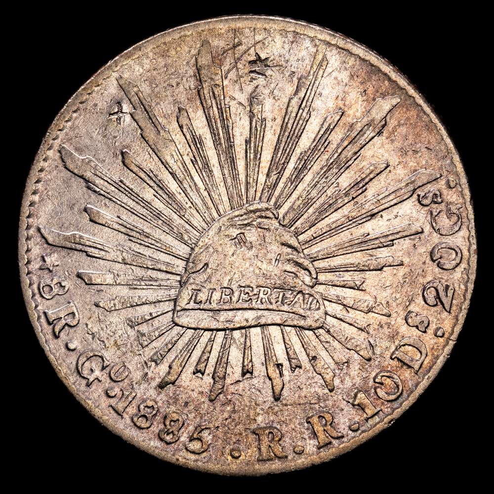 México. 8 reales. 1885/75. Guanajuato. RR. (Km-377,8). (D&P-Go68). Ag. 26,94 gramos. Variedad con sobrefecha. VF+. Resellos orientales. Escasa.