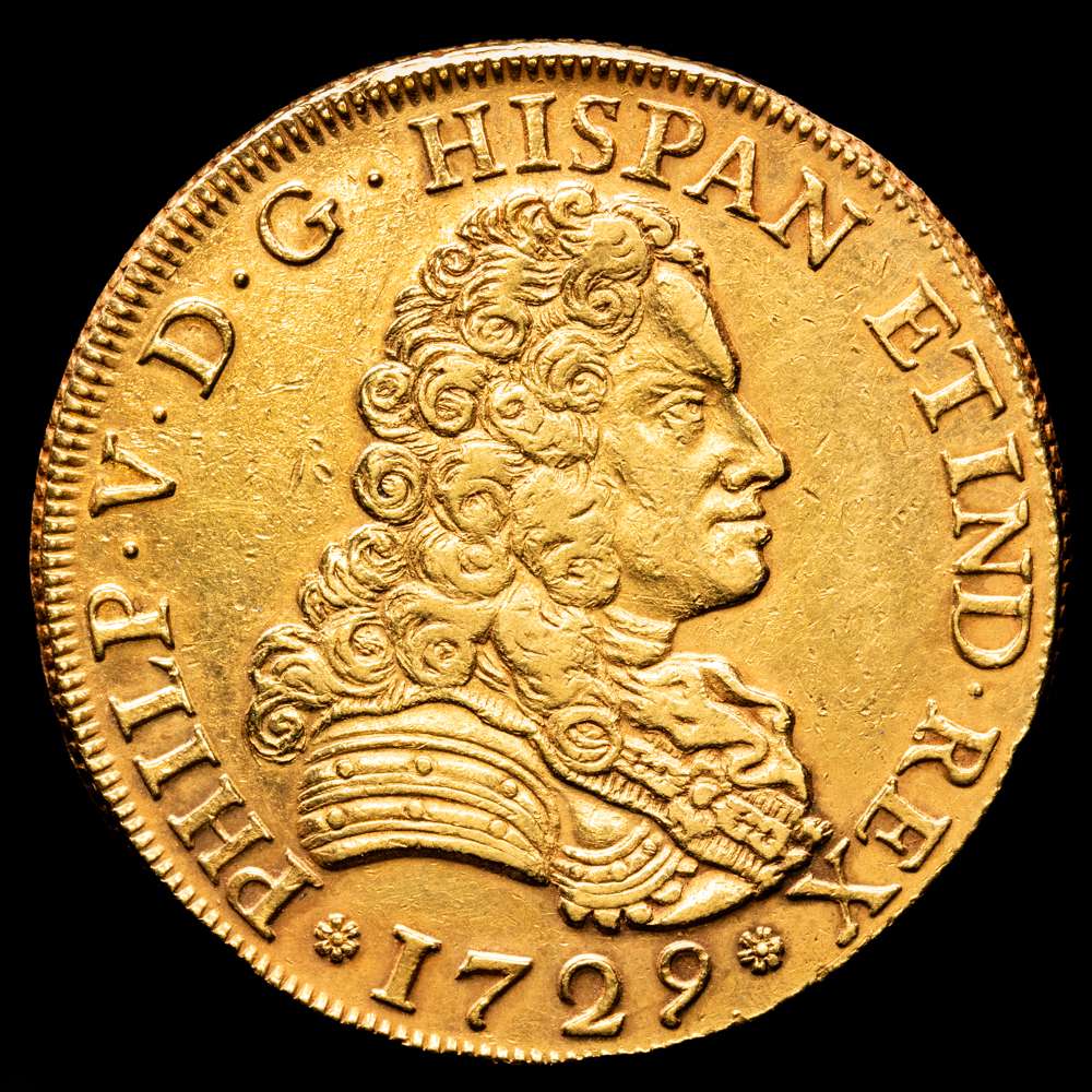 Felipe V. 8 Escudos. (27,12 g.). Sevilla. 1729. S. AC-2303. EBC. Restos de brillo original. Bello color. Muy Rara.