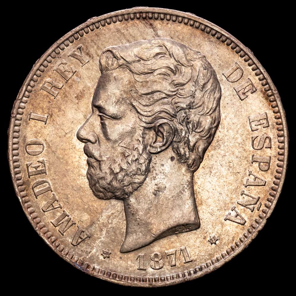 Amadeo I. 5 Pesetas. (24,96g.). Madrid. 1871. *18-71*. Ensayador SD-M. AC-1. Bella pátina. EBC-.