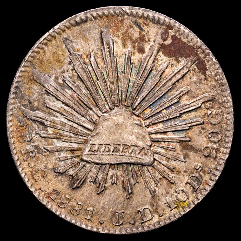 México. KM-377.3 (D-P-Cn40) – 8 Reales 1881 Culiacán C JD. Ag. 27,05 gramos.  Variedad con marca de ceca como “C” sola, único año posterior a 1874 con esta peculiaridad, XF. Tono. Escasa.