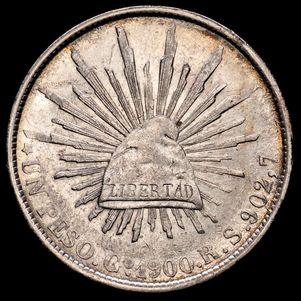 México. 1 Peso. 1900. Guanajuato. RS. (Km-409,1). Ag. 27,24 gramos. XF. Escasa.
