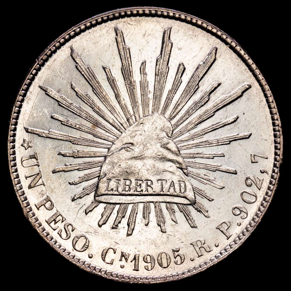 México. 1905. Culiacán. RP. 1 peso. (KM. 409). AG. 27,02 gramos. Parte de brillo original. UNC-. Rara.
