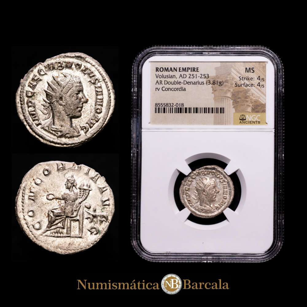 Volusiano Imperial Romano . 251-253 d. C. Antoniniano de plata. Roma, IV officina. Tercera emisión, año 252 d. C. RIC IV 169; RSC 25a. Encapsuldo por NGC como MS Strike: 4/5, Surface: 4/5.